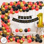 Zyozique 1st Anniversary Party Decoration Combo- Black Banner,Foil Balloon, Gold Red Black Balloons With Glue Dot/Happy Anniversary Decoration Kit (Pack of 55)