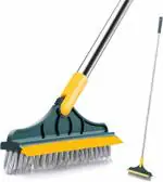 ALAMPAR 2 in 1 Cleaning Floor Scrub Brush & Viper Type with Long Handle Grout Brush Scrape V-Shape Stiff Bristle Cleaning Brush with Squeegee,120 Degree Rotating Tile Brush for Bathroom & Kitchen
