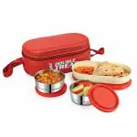 Cello Double Treat Lunch Box with Jacket, 3 Container, (2 Pcs Round Container - 300 ml, 1 Pc Oval Container), Red