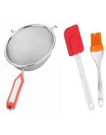 Wofier Kitchen Stainless Steel Soup, Juice Strainer 5 No. With Small Spatula And Oil Brush Set - Pack Of 3