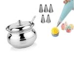 BLUE WONDER Cake Decorating 6 Pcs Nozzle with Stainless Steel Ghee Pot |Jar With Spoon and (Multicolour, Pack of 2)