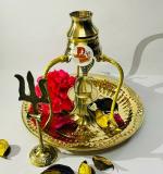 DARIDRA BHANJAN - Brass Jalheri Stand with Crytsal Shaligram Stone / Shivling Trishul With Kalash | Shivlinga | Shivlingam /Brass Pooja Plate Thali | Shivalingam for Puja |Shiv Idols.
