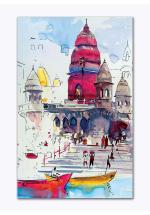 Tamatina Multicolor Modern Art Ghats Of Rishikesh Abstract Unframed Art Canvas Painting - 13X9 Inch