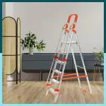Houza 7 Step Foldable Aluminium Ladder for Home | Durable, Heavy Duty, Safe and Stylish | Orange 7 Step Ladder with Railing| Made in India