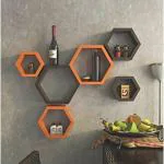 WOODSY Hexagonal Shape Wooden Floating Wall Shelves for Living Room, Bedroom | Wall Mount Shelf/Rack/Home Decor Set of 6 (Orange and Brown)