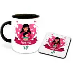 Whats Your Kick I Love You Mom in Punjabi Language Mom and Son Love Design Printed Black Ceramic Coffee Mug with Coaster and Tea Mug 325ml