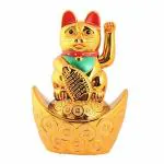 Petrichor Feng Shui Plastic Golden Lucky Wealth Cat Sitting on Fortune Ingot Waving Hand 12.7 x 8.9 cm