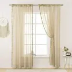 Urban Space Linen Textured Sheer Curtain for Door Living Room , Readymade Curtain with Rod Pocket , Set of 2 Curtains -Taupe with pom pom ( Door -7 feet x 4 feet )
