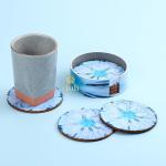 DULI Enamel Coated Blue Round Engineered Wood Flowers Tea Coasters with Stand - 10 x 10 cm (set of 6)