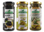 Green Piece Black Olives (230gm),green Olives (230gm),Jalapeno Sliced (230gm) and Red Paprika Sliced (230gm) (Pack of 4)(960gn)