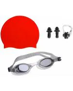 The Morning Play Red Goggles, Silicone Cap, 1 Nose Clip, 2 Ear Plugs Swimming Kit