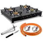 Fogger Combo LPG Hose Pipe with Gas lighter and Majestic Glass Gas Stove (4 Burner)