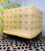 SKAB 4 Corner Ceiling Hanging Premium Flower Print Polyester Mosquito Net I Machardani for Single Bed ( 5 feet X 7 Feet ) Mosquito Soft Net/Machardani/Bed Box Mosquito Net ( Set Of 1 , Yellow )