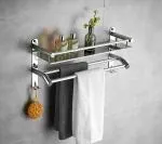 GOSAI Stainless Steel Bathroom Accessories Wall-Mounted 1 Layer Bathroom Storage Shelf with Hanging Rod Bathroom Shelves| Rack Shelf (16x5x9 inch)