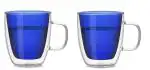 Ramkuwar Borosilicate Glass 350ML Double Walled Glass Coffee Cups Heat Resistant Mug with Handle For Hot Cold Drink (Blue) - Set Of 2
