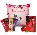 Midiron Valentine's Day Gift for Wife/Girlfriend|Unique Love Gift-Chocolate | Romantic Gift for Husband/Boyfriend|| Birthday gift for Wife, Husband, Girlfriend ( Chocolate 4 Bar, Artificial Rose, Greeting Card, Cushion)