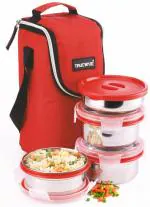 Trueware Red Stainless Steel 4-Containers Neo Fresh Lunch Box With Bag For Office, College, School, 1250 Ml