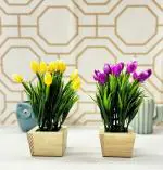 Dekorly Artificial Tulips Fake Flowers Plant Plastic Greenery Shrubs Plants for Home Garden Gifting Shelves Window Table Decor (Height : 21CM, Set of 2 Wooden Pot Plants, Multi-A)