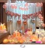 AMFIN (Pack of 123) Happy Birthday Rose Gold Decoration Set , with Ribbon , Pump , Battery Operated Led String Lights Heart Foil & Metallic Balloon for Party Decorations / Birthday Decorations Kit