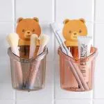 Poloman Toothbrush Holder (Set of 2 Pcs) Plastic Stand for Toothpaste, Comb, Brush, Cream, Lotion Kids Bathroom Cup Drain Waterproof Self-Adhesive, Teddy Bear