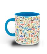 Whats Your Kick World Building Bus Car statue of liberty Kangaroo Design Printed Light Blue Ceramic Coffee Mug 325 ML