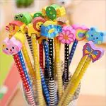 Homeoculture Colorful Birthday Fun Pencil Set with Cartoon Rubber Eraser for Kids (Pack of 12)