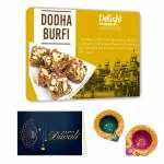 Delight Foods Dodha Barfi (Dhoda Burfi) 500g | Diwali Greeting Card | 2 Decorative Fancy Diyas | Authentic & Fresh | Indian Sweets (Mithai) | Festive Gift Pack (Diwali)