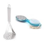 URBAN BUY Stainless Steel Potato Masher With Cleaning Pedicure Brush and Multicolour, Pack of 2