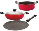 Nirlon 3 pcs of Red and Black Non-stick Aluminium Kitchen Cookware Utensil Gift Set, Standard