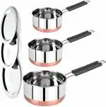 LIMETRO STEEL Dishwasher Safe Silver Stainless Steel Souce Pan with Lid 1, 1.5 and 2 L (Pack of 3)