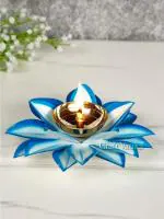 CraftVatika Brass Diya Oil Lamp Stand Lotus Kamal Patti Diya for Puja Home Temple Decor (Sky Blue)