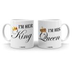 Cheeksy I Am Her King With I Am His Queen Quotes Printed 300 Ml Set Of 2 Stylish Coffee Tea Mug For Couples,Husband-Wife,Girlfriend-Boyfriend,Anniversary,Wedding And Valentine Gift,Under 400