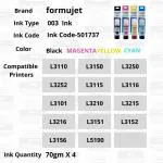 Formujet EP 003 Refill Ink for Epson Printers L3110, L3150, L3250, L3252 L3115, L3116, L3101, L3210, L3215, L3216, L3151, L3152, L3156, L5190 Printer Compatible Ink Bottle for Epson 003 (4 Color Set