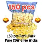 SHUBHKARMA Pure Cow Ghee Diya Batti (Pack of 150pcs) Ghee Wicks, Premium Quality Puja Batti REFILL PACK, 25-30min Burning Time, Ready to use Ghee Batti for your Home, Shops and Offices