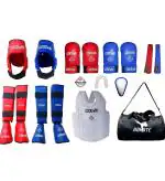 BE TREND Kai Approved Goodwin Karate Safety Kit - Pack of - Head Guard, Chest Guard, Shin Guard, Hand Gloves, Belts and Skipping Rope (Red and Blue, Medium)