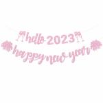 Festiko Pink Glitter Hello 2023 Happy New Year Banner, Hello 2023 Decorations, Banner 2023