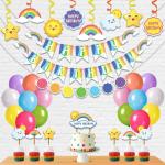 Festiko Colorful Rainbow And Cloud Theme Birthday Party Decorations Combo (Banner, Swirls, Latex Balloons, Cake Toppers, Cup Cake Topper) Multicolor, 36 Pieces