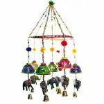 KRISHNAH DECOR Rajasthani Traditional Windchimes Handcrafted Jhumer with 7 Decorative Hanging Elephant with Chimnes
