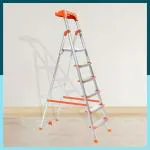 Houza 6 Step Foldable Aluminium Ladder for Home with Tool Tray | Ladder with Anti-Slip Shoes | Slip Prevention Steps | Durable, Heavy Duty, Safe, and Stylish | Made in India (Orange)