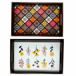 ANGIRA HANDICRAFTS Handmade Wooden Tray with Handprinted Designs Serving Trays Set of 2 Tray