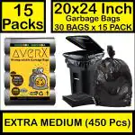 averX Premium Black Garbage Bag - 20x24 inches (Pack of 15, 450 Pieces, Extra Medium) - 30 Bags / Pack