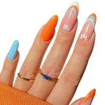 Secret Lives Acrylic Press on Artificial Designer Fake Nails Extension Glossy Orange Greyish Blue Skin Color 24 pcs Set with Manicure Kit