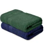 Haus & Kinder 100% Cotton 2 Piece Bath Towel Set Highly Absorbent Quick Dry for Beach Gym Pool 500 GSM (Navy & Olive)(70 CM X 140 CM)