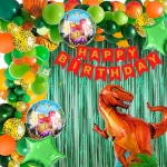 House of Banter Scary Dinosaur Theme Birthday Decoration Pack of 52 - Pc 40 Balloons,4 Confetti Balloons, 5 Pc Dinosaur Foil Balloons, 1 Banner, 2pc Green curtains. (Dinosaur Jungle Birthday Theme Decoration for Boys/ Girls / Kids Party)