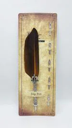 GOLD LEAF Feather Dip Fountain Pen Natural Feather Quill Pen Set Dip Pen and 5pcs Extra Stainless Steel Nibs (Dark orange)