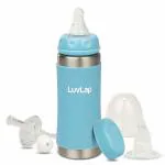 Luv Lap 4 in 1 Steel Baby Sipper, Made of SS304 Rust Free Steel, Heat Protective Silicone Cover, BPA Free, Odour Free, Spout, Weighted Straw & Cap, Blue, 3M+, 240ml