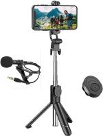 Phagqu Black ABS plastic Bluetooth Selfie Stick With Tripod And Collar Clip Mic for Mobile