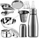 PGD Plain Silver Stainless Steel Baby Feeding Bottle, Slim Design, Feeder, Bowl, Idly Spoon, Spoon, Plate, Straw Glass, Food Storage Container Box, 2 Nipples - 250 ml