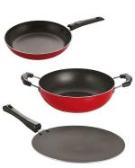 Nirlon 3 pcs of Red, Black Non-stick Pot and Pans Cookware Combo Set