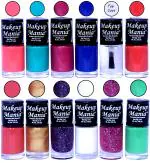 Makeup Mania HD Color Nail Polish Set of 12 Pcs (Combo MM-137) Pink, Turqoise, Maroon Sparkle, Blue, Top Coat, Orange, Coral Pink, Golden, Blue, White Base, Sea Green (Pack of 12)